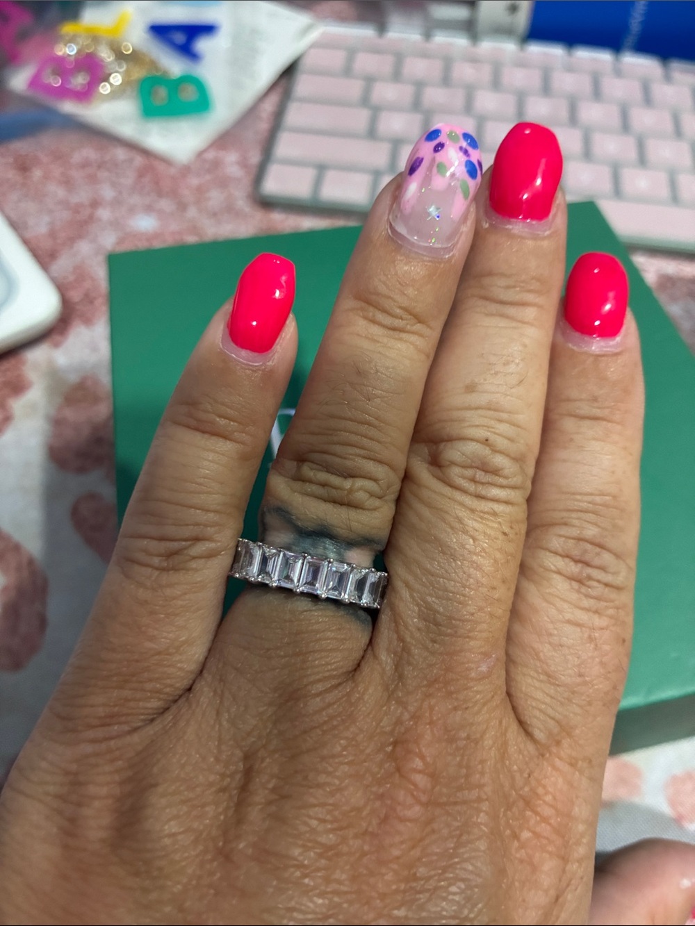 Silver Baguette-Cut Eternity Band - Pink Accent Styling